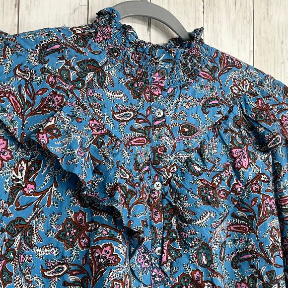 Loft Bouquet Paisley Long Sleeve Ruffled Yoke Puff Sleeve Button Down Blouse - Picture 7 of 10